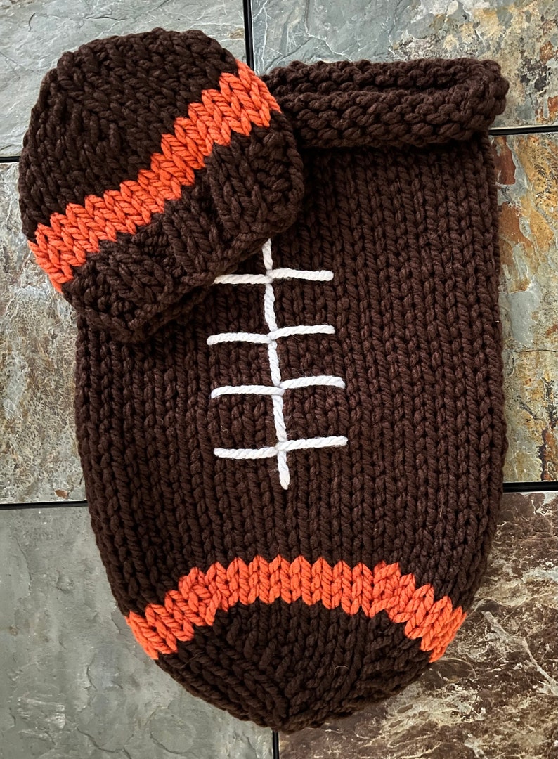Football Cocoon The Original Knit version and 0-6 month hat brown/orange Bengals enspired ready to ship image 1