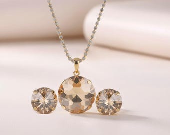 Champagne Crystal Solitaire Pendant | Drop Earrings | Rhinestone Tennis Chain Necklaces for Women