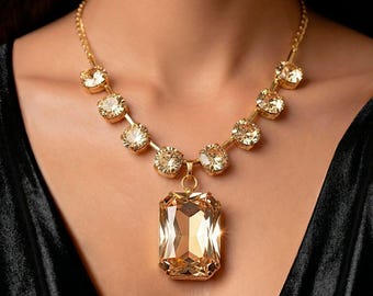 Champagne Crystal Necklace and Earring Set | Bold Rectangular Pendant Fashion Jewelry