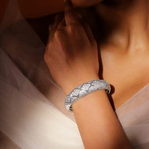 Rhodium-Plated Pave Diamond-Pattern Openable Bracelet with Cubic Zirconia Accents