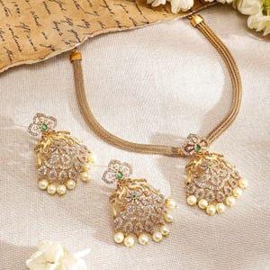 Gold-Plated Emerald Green & Cubic Zirconia Studded Necklace Set with Pearl Accents