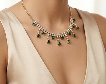 Waterfall Rhinestone Fringe Statement Collar & Crystal Drop Earrings | Red Carpet Bridal Gift