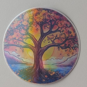 Sticker arbre de vie en vinyle, motif coucher de soleil vibrant, holographique, mat, brillant. Parfait pour les amoureux de la nature, les journaux, le Kindle, les agendas et les cadeaux