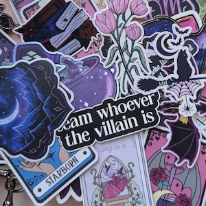 Puede incluir: Una colección de pegatinas de vinilo variadas con ilustraciones de fantasía y libros, que incluyen diseños de cartas de tarot, una poción morada, flores rosas, un gato negro en una escoba y el texto "team whoever the villain is".