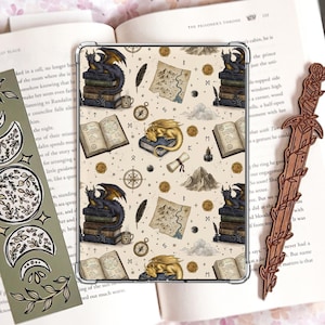 Dragon Scholar Kindle Insert | Maps & Books Fantasy Pattern | Bookish Kindle Case Decal | Dragon Reader Gift