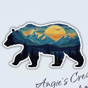 Sticker vinyle ours des montagnes, paysage extérieur, finition mate ou brillante, idéal pour les journaux, agendas, couvertures Kindle, etc.