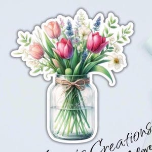 Ramo de tulipanes, vinilo adhesivo hecho a mano, laminado brillante, holográfico o mate, con temática de libros, flores de primavera, Pascua, estilo cottagecore, tarros de cristal.