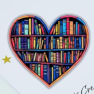 Adhesivo de vinilo hecho a mano con forma de corazón, diseño de estantería vintage, mate o laminado brillante. Ideal para amantes de los libros, el romance y la lectura.