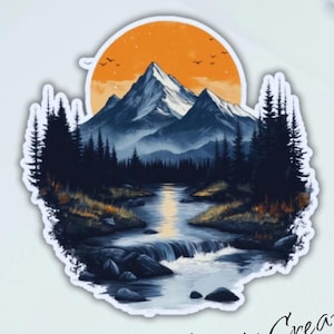 Vinylsticker berg | Sticker natuurlandschap | Rivierkunst buiten | Waterbestendige laptopsticker | Wandelcadeau | Vinylsticker avontuur