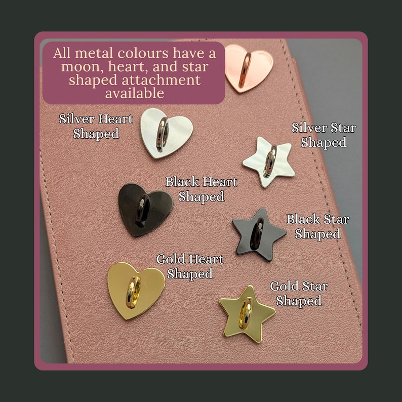Stag Throne of Glass Inspired Charm Keychain. A collection of metal attachments in heart and star shapes, available in silver, black, and gold finishes.