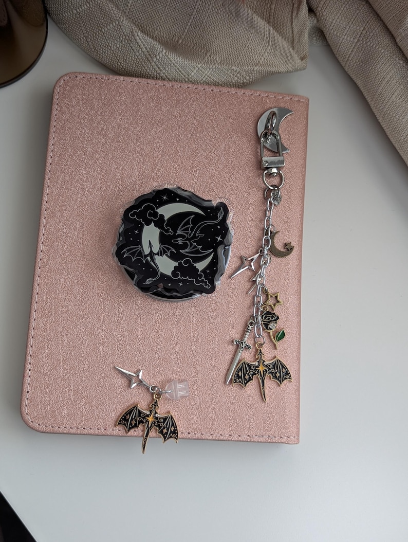Moon and Dragons Acrylic Kindle Grip. Handmade by Angie's Creations.