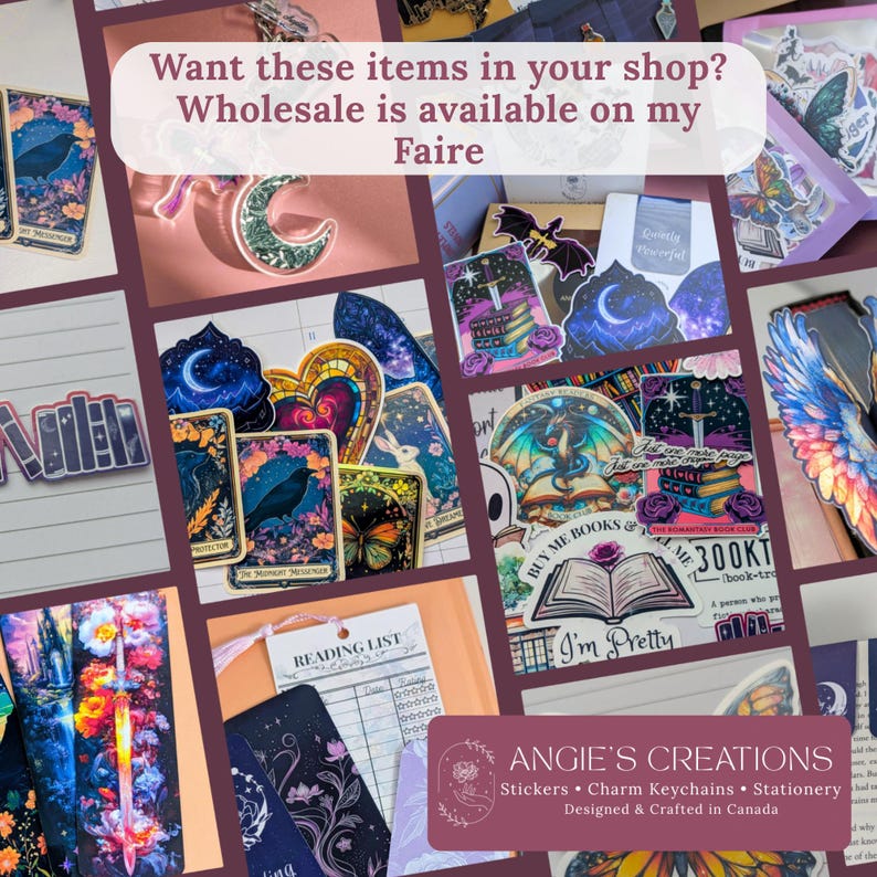 Pu&ograve; includere: Una collezione di adesivi, segnalibri e portachiavi colorati con temi fantasy, celestiali e letterari. I disegni includono libri, spade, lune, farfalle e uccelli. Il testo include "Want these items in your shop?" e "ANGIE'S CREATIONS".