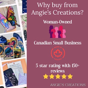 Pu&ograve; includere: Un grafico promozionale per Angie's Creations con un collage di adesivi e segnalibri colorati a sinistra. Il lato destro ha uno sfondo bordeaux con testo bianco: Why buy from Angie's Creations? Woman-Owned, Canadian Small Business, 5 star rating with 150+ reviews e cinque stelle gialle.