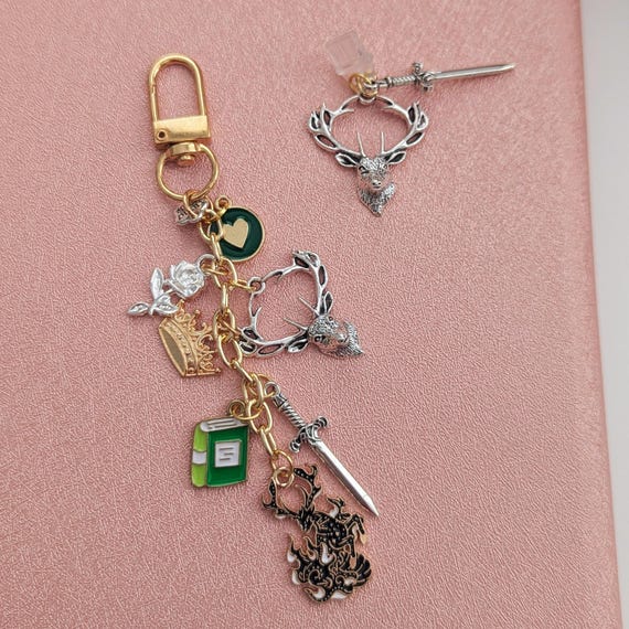 Stag Throne Glass Charm Keychain, Customizable Romantasy E-Reader Dust Plug Bundle, Book Lover Gift