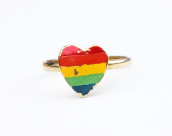 Rainbow Heart Ring, Enamel Ring, Rainbow Ring, Heart Ring, Vintage Ring, Gold Ring