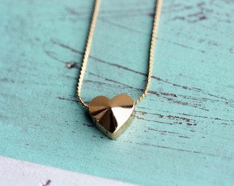 Heart Necklace Gold, Heart Necklace, Vintage Heart Necklace, Gold Heart Pendant Necklace, Block Heart Necklace, Heart Shaped Necklace