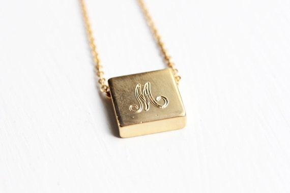 Gold Initial Necklace, Square Initial Necklace, C… - image 1