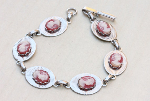 Cameo Bracelet Pink, Cameo Bracelet Silver, Link Bracelet Silver, Silver Bracelet, Pink Bracelet, Cameo Bracelet