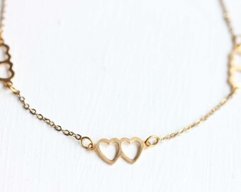 Heart Necklace Gold, Cluster Necklace, Double Heart Necklace, Heart Necklace