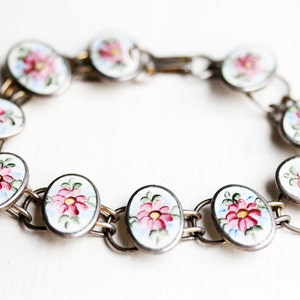 Sterling Silber rosa Emaille Blumen Armband Bild 1