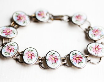 Sterling Silver Pink Enamel Flower Bracelet