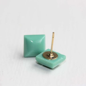 Turquoise Dome Studs, Green Square Studs, Gold Square Studs, Turquoise Studs, Turquoise Earrings, Cube Studs, Glass Studs, Vintage Studs image 2