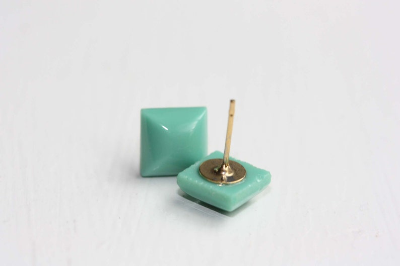 Turquoise Dome Studs, Green Square Studs, Gold Square Studs, Turquoise Studs, Turquoise Earrings, Cube Studs, Glass Studs, Vintage Studs image 2