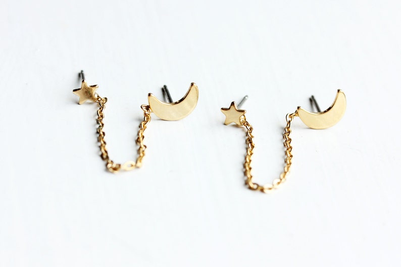 Chain Studs Moon Star, Chain Link Moon and Star Studs, Connector Studs, Two Hole Studs, Chain Studs, Gold Chain Earrings, Gold Moon Studs image 2