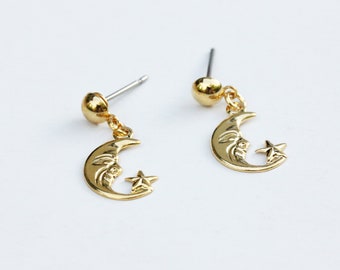 Moon Star Earrings Gold, Small Moon Earrings, Moon Star Earrings, Gold Moon Star Earrings, Moon Jewelry, Star Jewelry