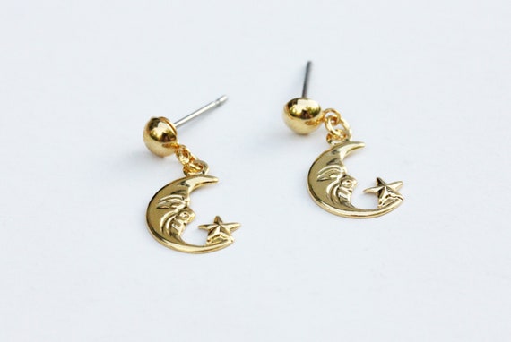 Moon Star Earrings Gold, Small Moon Earrings, Moo… - image 1