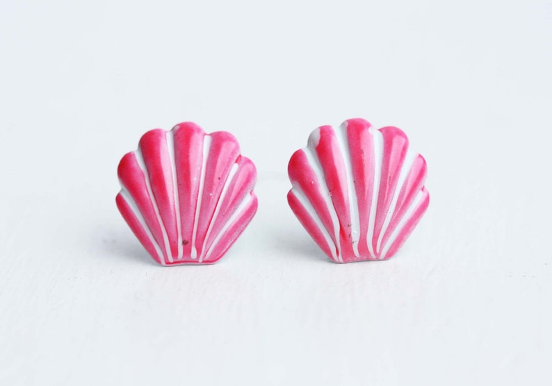 Seashell Studs, Enamel Shell Studs, Enamel Studs, Large Colorful Studs, Shell Studs, Seashell Earrings, Green, Pink, Yellow, Red, Purple image 3