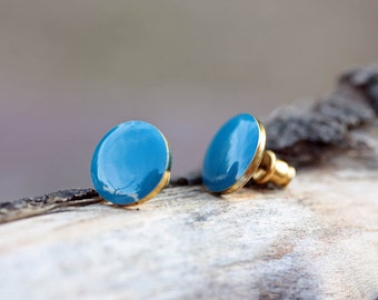 Blue Circle Studs, Round Blue Studs, Enamel Blue Studs, Enamel Studs