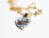 Heart Necklace Enamel, Blue Heart Necklace, Vintage Heart Necklace, Flower Heart Necklace, Gold Heart Necklace, Flower Enamel Necklace