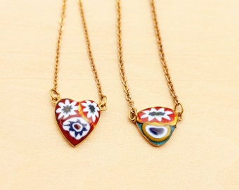 Colorful Heart Necklace, Triangle Necklace, Heart Necklace, Red Heart Necklace, Bead Necklace