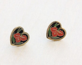 Red Flower Heart Studs, Heart Studs, Enamel Heart Studs, Tropical Studs, Flower Studs, Gold Heart Studs, Enamel Studs