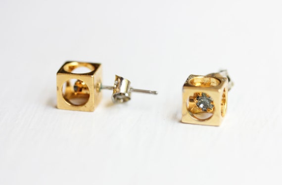 Crystal Cube Studs, Cube Studs, Gold Cube Studs, … - image 3