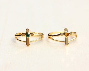 Cross Ring Gold, Green Ring, Gold Ring, Adjustable Ring, Religious Ring, Christian Ring, Cross Ring, Gold Cross Ring, Green Stone
