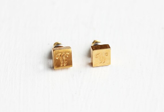 Intial Gold Studs, Square Initial Studs, Engraved… - image 1