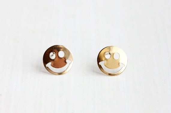 Smiley Face Studs, Gold Smiley Face Studs, Round … - image 1