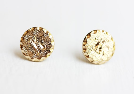K Initial Studs, Initial Studs, Round Gold Studs,… - image 1