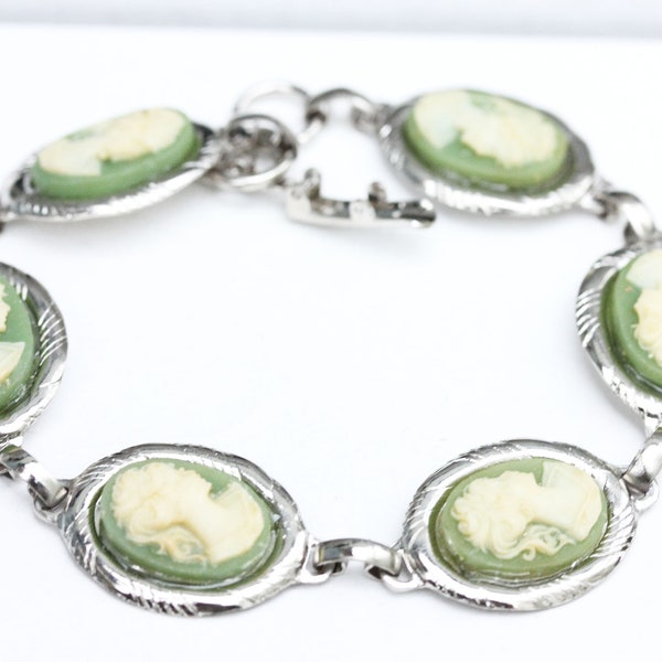 Cameo Bracelet Green, Cameo Bracelet Silver, Link Bracelet Silver, Green Bracelet, Silver Bracelet