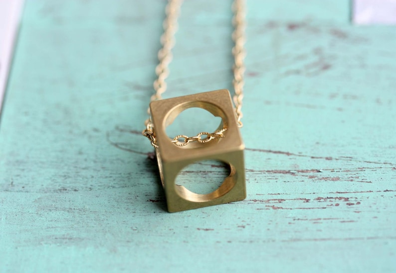 Cube Necklace Brass, Geometric Cube Necklace, Brass Square Necklace, Brass Pendant Necklace, Gold Filled Necklace, Long Necklace, Gold Chain image 3