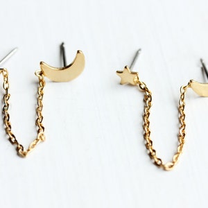 Chain Studs Moon Star, Chain Link Moon and Star Studs, Connector Studs, Two Hole Studs, Chain Studs, Gold Chain Earrings, Gold Moon Studs image 1