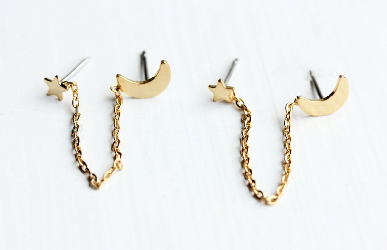 Chain Studs Moon Star, Chain Link Moon and Star Studs, Connector Studs, Two Hole Studs, Chain Studs, Gold Chain Earrings, Gold Moon Studs image 1