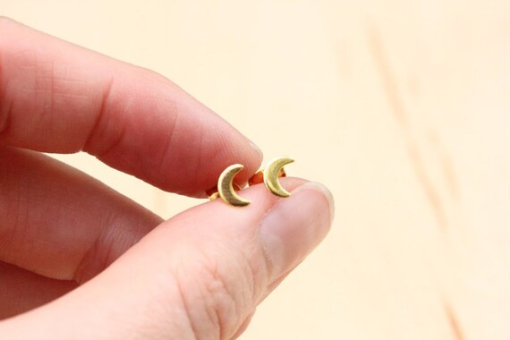 Moon Studs Gold, Small Moon Studs, Moon Earrings,… - image 1