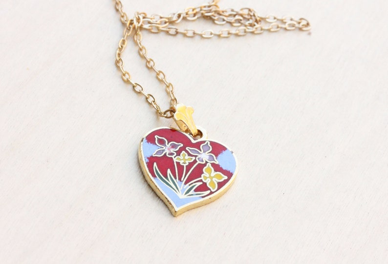 Red Flower Heart Necklace, Heart Necklace, Red Flower Necklace, Blue Heart Necklace, Enamel Necklace, Enamel Heart Necklace, Gold Heart image 1