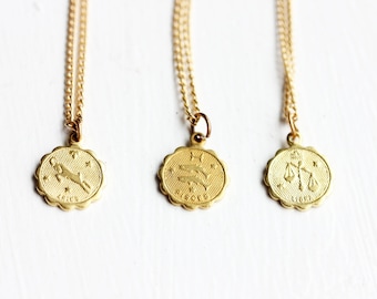 Zodiac Charm Necklace, Astrology Charm Necklace, Gold Zodiac Necklace, Gold Charm Necklace, Vintage Charm Necklace, All Signs Available