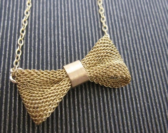 Gold Bow Necklace, Mesh Bow Necklace, Bow Necklace, Large Bow Necklace, Bow Tie Necklace, Mesh Necklace, Gold Filled Necklace