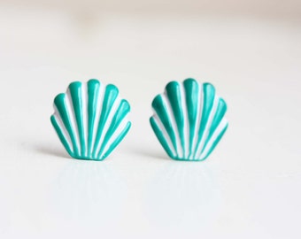 Seashell Studs, Enamel Shell Studs, Enamel Studs, Large Colorful Studs, Shell Studs, Seashell Earrings, Green, Pink, Yellow, Red, Purple