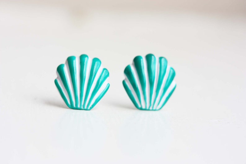 Seashell Studs, Enamel Shell Studs, Enamel Studs, Large Colorful Studs, Shell Studs, Seashell Earrings, Green, Pink, Yellow, Red, Purple image 1